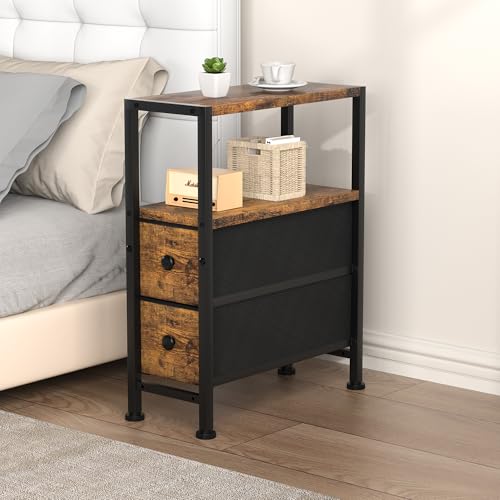 Small Narrow Side Table with Drawers, Skinny End Table for Small Spaces, Slim Nightstand with Storage, sofa bedside Table in Living Room, Bedroom, Study, kitchen and Balcony (Rustic Brown)M-LBZ83B1V1 - color: Rustic Brown&black