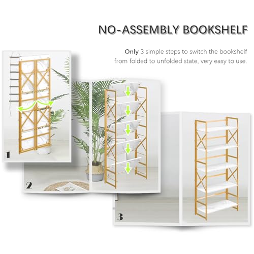 4NM 5 Tiers No Assembly Book Shelves, 51.2" H Folding Bookshelf Bookcase Open Industrial Foldable Shelves for Bedroom, Living Room, Home Office - White Gold - color: White Gold, size: XX 5-Tier