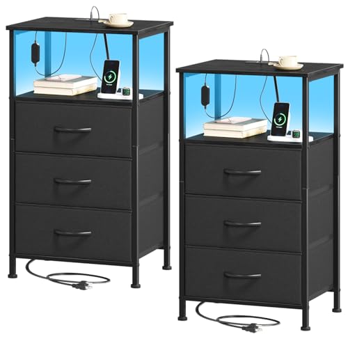 Somdot Nightstands Set of 2 with 3 Drawers, Charging Station & LED Light | Open-Shelf End Tables for Bedside, Small Spaces, Bedroom, Entryway and Hallway, Black - color: Black, size: 11.8"D x 15.7"W x 28.3"H (3 Drawers)