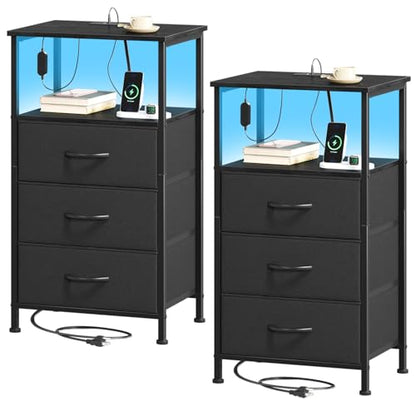 Somdot Nightstands Set of 2 with 3 Drawers, Charging Station & LED Light | Open-Shelf End Tables for Bedside, Small Spaces, Bedroom, Entryway and Hallway, Black - color: Black, size: 11.8"D x 15.7"W x 28.3"H (3 Drawers)