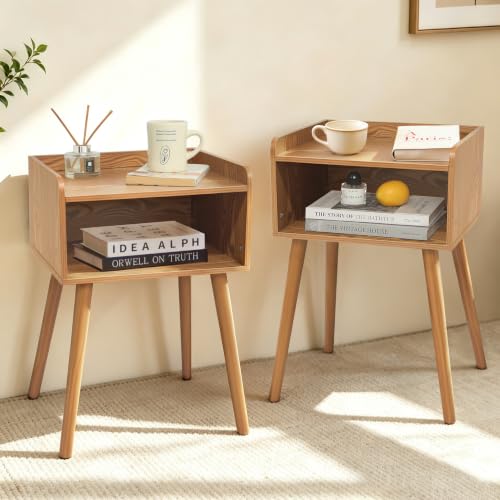 MaxSmeo Nightstands Set of 2, Mid Century Modern Side Table Bedroom with Storage, Small End Bedside Table Set of 2 with Solid Wood Legs for Living Room, Office Small Spaces (Brown) - color: 2 Pack Modern Brown