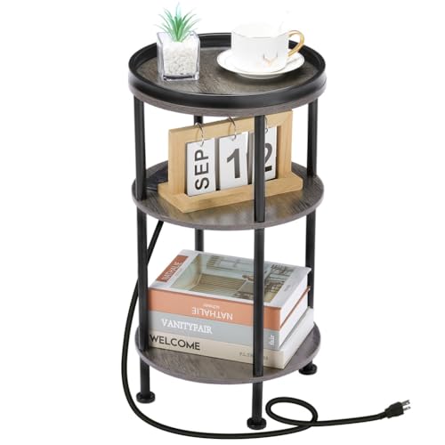 Small Round Side Table with Charging Station for Small Spaces, 3-Tier Accent Table with USB Ports & Power Outlets, Sofa Corner Tea Table for Living Room Nightstand Bedroom Apartment (Grey) - color: Grey, style: USB Charger