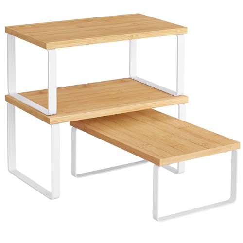 SONGMICS Cabinet Organizer Shelf, Set of 3 Kitchen Counter Shelves, Kitchen Storage, Spice Rack, Stackable, Expandable, Cloud White and Natural Beige UKCS014YL02 - color: Cloud White + Natural Beige