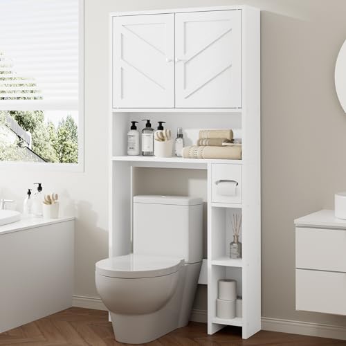 Bathroom Storage Cabinet Over Toilet with Toilet Paper Holder Stand, Freestanding Bathroom Storage Organizer Cabinet Space Saver W/Adjustable Shelf, White - color: White