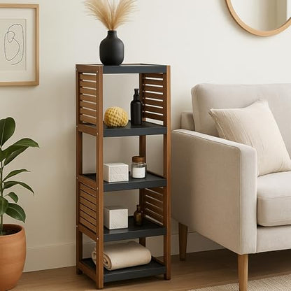 Brown-Gray Small Open-Shelf Storage Unit, 4-Tier, Vented, Freestanding | Space-Saving, Vented Design, MDF/Acacia Material, Compact Freestanding Unit, 4-Tier Open Shelves, Bathroom