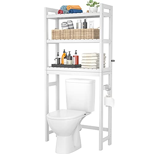 Homykic Over The Toilet Storage, Bamboo Over Toilet Bathroom Organizer Rack, Freestanding Bathroom Shelves Above Toilet Storage with 3 Hooks, Bathroom Space Saver, No Rust, Easy to Assemble, White - color: White