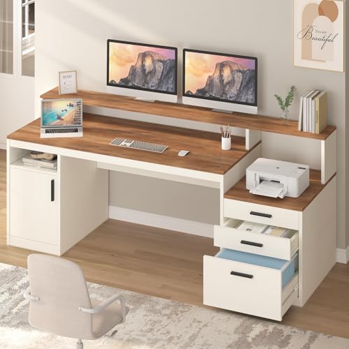 YOMILUVE 65 Inch Computer Desk with 3 Drawers & Storage Shelves, Executive Desk with File Drawer & Cabinet, Home Office Desk with Long Monitor Stand & Printer Shelf, Antique White - color: Antique White