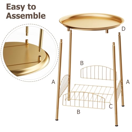 Small Outdoor Side Table, 2-Tier Round Metal Patio Table, Accent Table Waterproof, Weather Resistant End Table for Yard Porch Pool Balcony Garden Bedside (Gold) - color: Gold