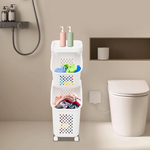 2 Tier Laundry Basket Holder, Utility Laundry Basket with Wheels Clothes Storage Organizer Cart Removable Rolling Laundry Hampers for Bathrooms Bedrooms Kitchen (2-Tier) - size: 2-Tier