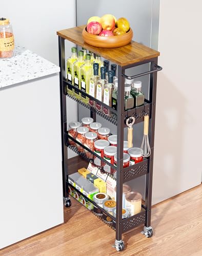 OKZEST Utility Slim Storage Cart, 4 Tier Small Rolling Kitchen Laundry Room Cart with Wood Top, Metal Narrow Bathroom Storage Cabinet Mobile Shelf Unit Organizer Trolley with Handle for Narrow Space - color: Black, size: 7.1 Inch Wide