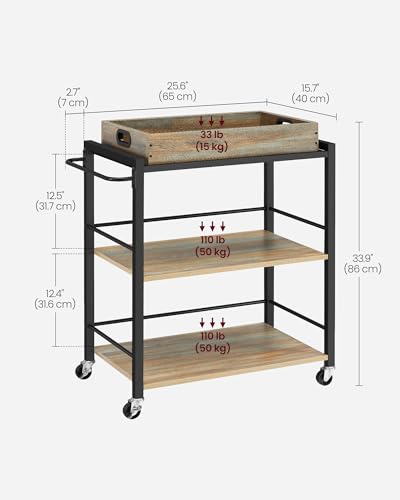 VASAGLE Kitchen Serving Cart with Removable Tray, 3-Tier Kitchen Utility Cart on Wheels with Storage, with Brakes, Leveling Feet, 15.7 x 28.3 x 33.9 Inches, Turquoise Brown and Ink Black ULRC072K60 - color: Turquoise Brown + Black, size: 15.7"D x 28.3"W x