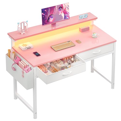 DurayLoly 31Inch Small Computer Desk with LED Lights & 2 Fabric Drawers, Gaming Desk with Side Pocket & Ergonomic Monitor Stand, Small Space Study Writing Table with Anti-Tip Design,Pink - color: Pink, size: 31.0 Inch