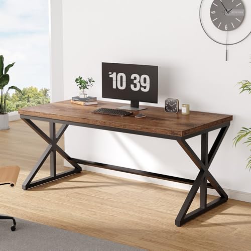 Industrial Computer Desk, Wooden Metal Office Desks Rustic Brown 60 in | Large Long Simple Gaming Executive Computer Desk Table, Wood Student Study Computer Table for Bedroom Living Room - color: Rustic Brown Oak, size: 60 Inch
