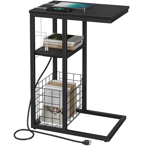 C Shaped End Table with Charging Station, Side Table for Couch, Small Side End Table for Small Spaces, 28" High Slide Under Sofa Table for Coffee, Tv Tray Table for Living Room, Black - color: Black