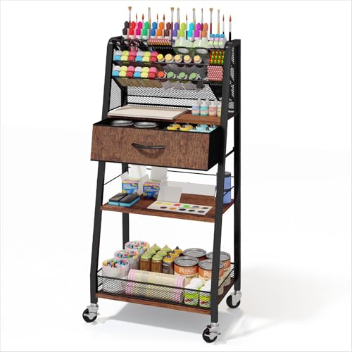 3 Tier Rolling Cart - Metal Utility Cart with Storage Drawer and Wheels, Versatile Art & Craft Organizer for Home, Office, or Studio - Ideal for Storing Brushes, Paints, and Supplies - color: Dark Brown