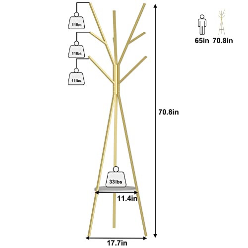 HOME BI Coat Rack Hat Stand Free Standing Display Hall Tree Metal Hat Hanger Garment Storage Holder with 9 Hooks for Clothes Hats and Scarves in Gold,17.72" Wx17.72 Dx70.87 - color: Gold