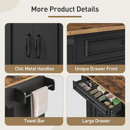 RALGEND Kitchen Island with Power Outlets & Drop Leaf, Rolling Kitchen Cart on Wheels, Kitchen Storage Island with Spice Rack and Drawer for Kitchen, Dinning Room, Black and Rustic Brown - color: Black + Rustic Brown