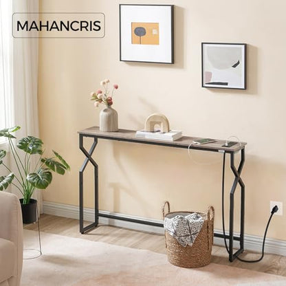 MAHANCRIS 44.9" Sofa Table, 9.4" Narrow Console Table with Charging Station, Couch Table Behind Sofa with Outlet, Entryway Table with Display Shelf, Living Room, Greige CTHG113E01 - color: Greige + Black