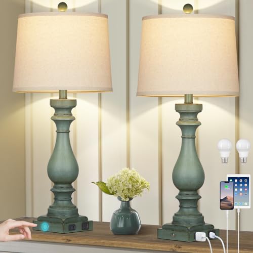 29" Tall Table Lamp for Living Room Set of 2,Vintage Bedside Nightstand Lamps with USB C+A Ports & AC Outlet,3-Way Dimmable Touch Control Retro Green Desk Lamp for Bedroom,Color 4 - color: Retro Green