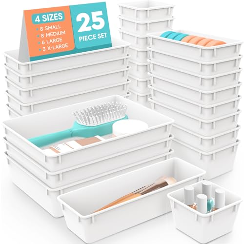 WOWBOX 25 PCS Plastic Drawer Organizer Set, 4 Sizes Desk Drawer Divider Organizers and Storage Bins for Makeup, Jewelry, Gadgets for Kitchen, Bedroom, Bathroom, Office, White - color: White