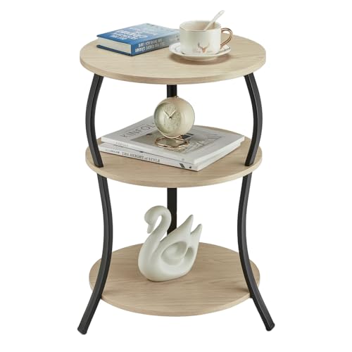 YEAKOO Round Side Table, 3-Tier End Table with Storage Shelf for Narrow and Small Spaces, Round Sofa Table Vintage Corner Tables for Living Room,Bedroom Nightstand/Oak - color: Oak