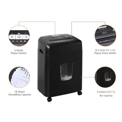 Amazon Basics 18 Sheet Cross Cut Paper, CD, and Credit Card Shredder with 6 Gallon Bin, 30 Minutes Continuous Run Time, Black - color: Black, size: 18 Sheet