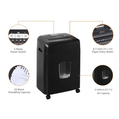 Amazon Basics 18 Sheet Cross Cut Paper, CD, and Credit Card Shredder with 6 Gallon Bin, 30 Minutes Continuous Run Time, Black - color: Black, size: 18 Sheet