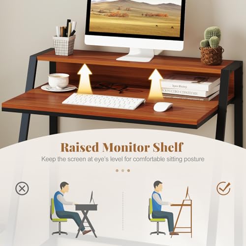 Giantex Small Computer Desk, 31.5" Compact Home Office Desk with Monitor Stand & Sturdy Frame, 2-Tier Space-Saving Study Writing Desk for Small Spaces, Apartment and Bedroom (Walnut) - color: Walnut