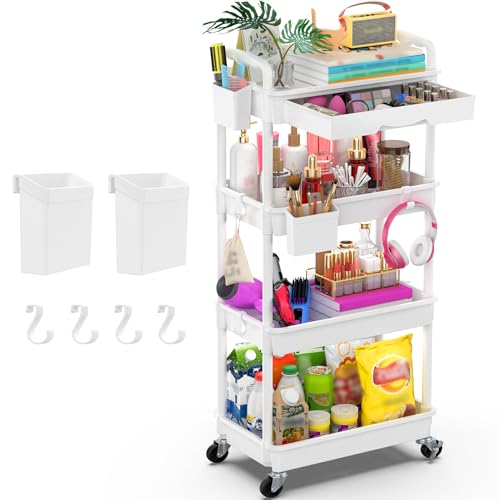 Goovilla 4 Tier Rolling Utility Cart Organizer with Removable Drawer, Stable and Sturdy White Rolling Storage Carts with 2 Lockable Wheels for Bathroom, Kitchen, Snack, Craft, Makeup, Baby Essentials - size: 4 Tier, style: White