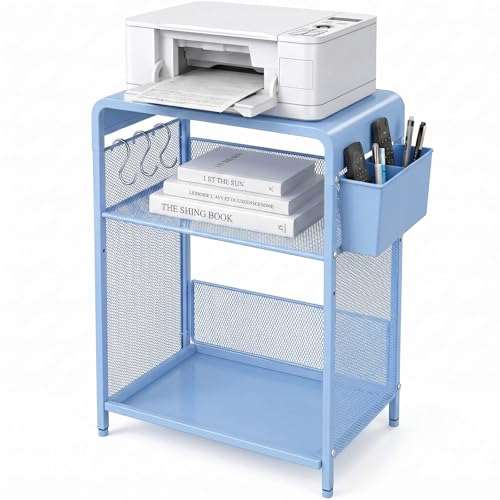 ECOLOVI 3 Tier Printer Stand for Under Desk, Height Adjustable Shelf Small Printer Table with 3 S-Hooks & Basket, Heavy Duty Industrial Storage Shelf for Home Office (Blue Metal) - color: Blue