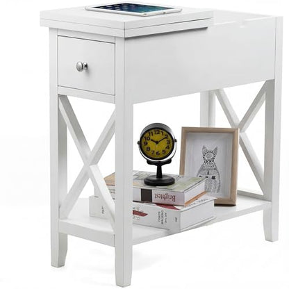 ChooChoo End Table, Flip Top Narrow End Table with Drawer | Narrow Side Table with Flip Top, Accent Small Side Table Nightstand for Living Room, Bedroom, and Small Spaces, White - color: White, size: 1 Pack, style: Without Power