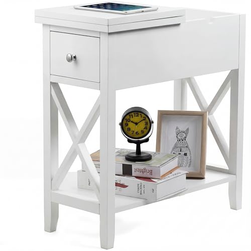ChooChoo End Table, Flip Top Narrow End Table with Drawer | Narrow Side Table with Flip Top, Accent Small Side Table Nightstand for Living Room, Bedroom, and Small Spaces, White - color: White, size: 1 Pack, style: Without Power
