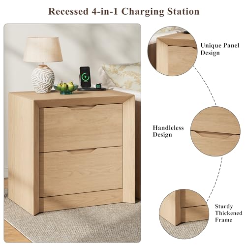 YANSNWO Natura Oak Nightstand Set of 2 with Charging Station, 23.6" Modern Bedside Table with Thickened Frame & Unique Panel, Mid Century Wood End Table for Bedroom, Living Room - color: Natural Oak, size: 15.6"D x 23.6"W x 23.6"H (2 Drawers/2 Piece)
