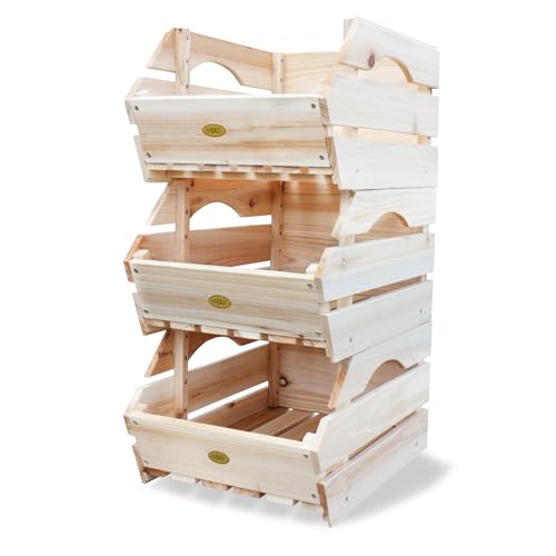 Wood Potato Onion Storage Bins - Wooden Stackable Produce Basket - Fruit Vegetable Storage for Kitchen Pantry Organization, Set 3 Pieces | Stackable, each box 27 x 38 x 20 cm, untreated - color: Clear