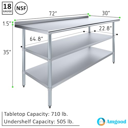 AmGood Stainless Steel Work Table with 1.5" Backsplash and 2 Shelves | Metal Kitchen Food Prep Table | NSF (72" Long x 30" Deep) - size: 72" Long x 30" Deep