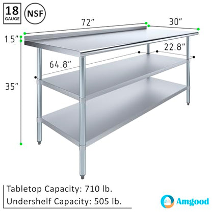 AmGood Stainless Steel Work Table with 1.5" Backsplash and 2 Shelves | Metal Kitchen Food Prep Table | NSF (72" Long x 30" Deep) - size: 72" Long x 30" Deep