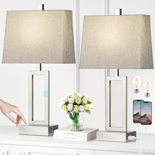 Rinweey 23.5" Touch Control Table Lamps Set of 2, Modern Silver Bedside Lamps with USB A+C Ports & AC Outlet, 3 Way Dimmable Contemporary Nightstand Lamps for Bedroom Living Room(2 LED Bulb Included) - color: Silver