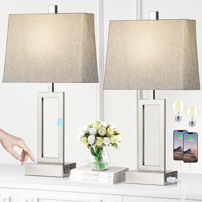 Rinweey 23.5" Touch Control Table Lamps Set of 2, Modern Silver Bedside Lamps with USB A+C Ports & AC Outlet, 3 Way Dimmable Contemporary Nightstand Lamps for Bedroom Living Room(2 LED Bulb Included) - color: Silver
