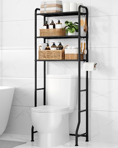 Kitsure Over Toilet Storage Rack - Metal Over Toilet Bathroom Organizer Shelf, Over the Toilet Storage Cabinet with Paper Holder and Hooks, Bathroom Cabinet for Laundry, Black, 3 Tiers (63.2" H) - color: Black, size: 3 Tiers (63.2"H)