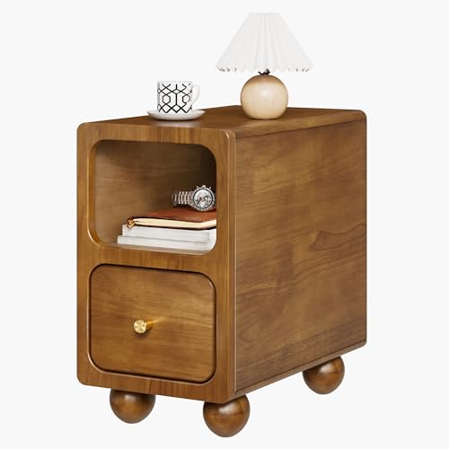 9.7” Small Narrow Nightstand, Solid Wood Nightstand with Drawers, Walnut Mid Century Modern Nightstand, Small Beside Table with Open Storage Shelf for Bedroom - color: A.walnut, size: 9.7*15*18.5 Inch