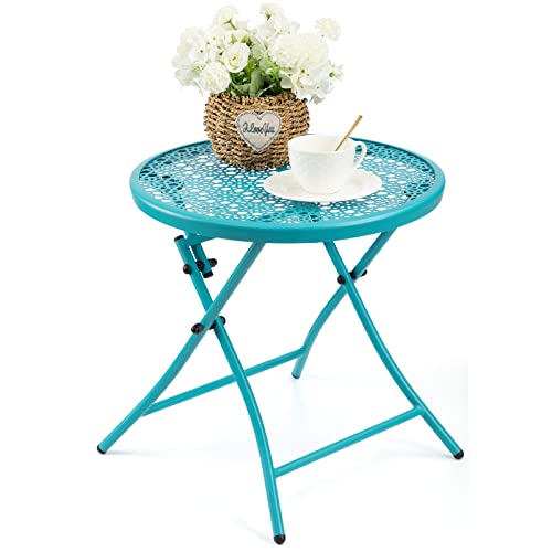 TeoKJ Folding Outdoor Side Tables, Anti Rust Small Patio Table Round Metal Nightstand with Flower Cutouts for Porch Yard Balcony Deck Lawn, Blue - color: Blue