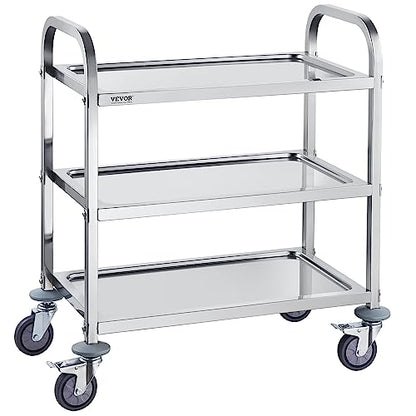 VEVOR Stainless Steel Cart, 3 Layers Lab Utility Cart 220 lbs Weight Capacity, Medical Cart with Lockable Universal Wheels, for Lab, Clinic, Kitchen, Salon