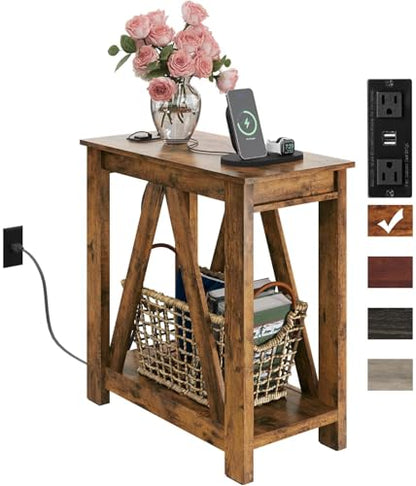 WLIVE Farmhouse End Table, Narrow Side Table with Charging Station, Slim End Table, Side Table for Bedroom, Living Room, Small Spaces, 2 USB and 2 Power Outlets, Rustic Brown - color: Rustic Brown