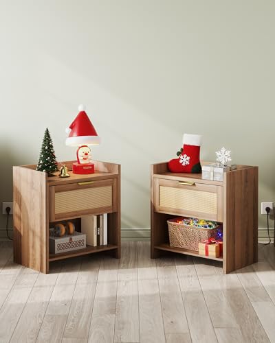 WLIVE Rattan Nightstands Set of 2, Night Stand Sets with Charging Station, Boho Bed Side Table with Storage Drawer and Open Shelf, End Tables Bedroom, Natural Oak - color: Natural Oak+2 Pcs, style: Bohemian