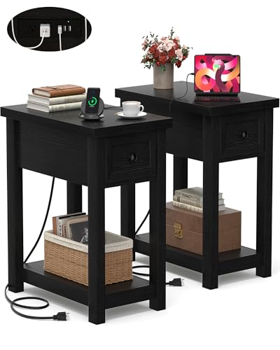 Armocity Narrow End Table Set of 2 with Charging Station - Farmhouse Side Tables with Drawers, 14" Wood Nightstands Set of 2 for Bedroom Living Room, Slim Couch Bedside Table Small Spaces, Black - color: Black, size: 2 Pack