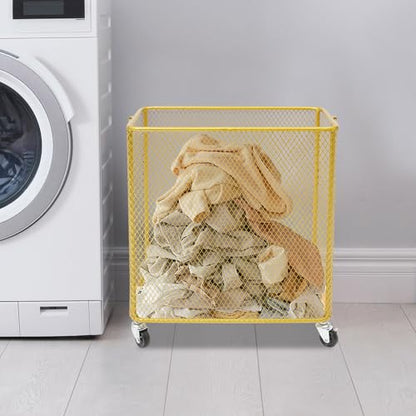 Metal Laundry Basket Cart, Rolling Laundry Hamper with Wheels, Freestanding Square Mobile Storage Cart, Raised Bottom, Round Handles, Hollow Mesh (Gold, 16.9x9x17.7in) - color: Gold, size: 16.9x9x17.7in