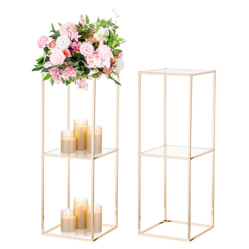 NUPTIO Gold Flower Stand Centerpiece, 31.5" Tall, 2-Layer, Gold, 2 Pcs | Flower Display Stand with Acrylic Panel, Cake Pedestal Table, for Birthday, Parties, Wedding, Backdrop Decoration - color: Gold, size: 31.5" - 2 Pcs