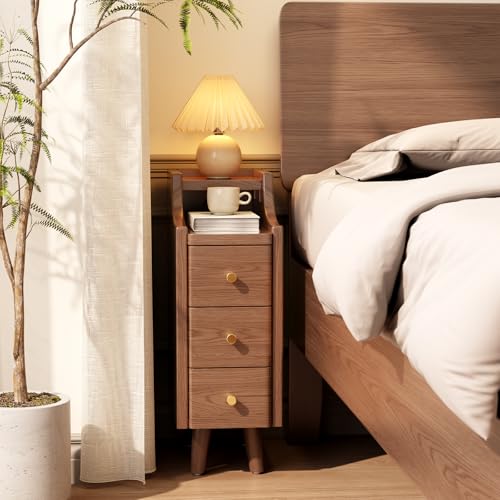 AQIMUELE Solid Wood Narrow Nightstand, 3-Drawer Slim Bedside Table,Walnut | Fits tight spaces with solid wood warmth, 3 smooth drawers, and a slim walnut profile for bedside, or bathroom storage - color: Walnut, size: 15.75"D x 7.87"W x 23.62"H(3 Drawers)