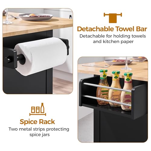 Yaheetech Kitchen Island Cart with Drop Leaf, 49" Rolling Island Table with Storage, Drawer, Kitchen Cart with Rubberwood Top, Detachable Towel & Spice Rack, Black