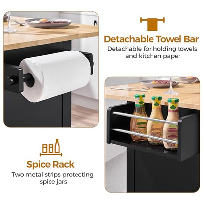 Yaheetech Kitchen Island Cart with Drop Leaf, 49" Rolling Island Table with Storage, Drawer, Kitchen Cart with Rubberwood Top, Detachable Towel & Spice Rack, Black